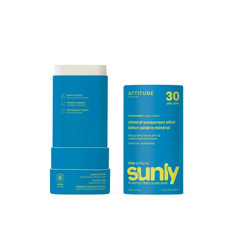 ATTITUDE Sunly Kids Mineraalinen Aurinkosuojapuikko SPF30 Hajusteeton 60g Suomi Toimitus Alkuperäinen