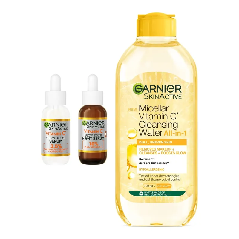 GarnierRadiant Skin Vitamin C EssentialsCleanser 400ml, Day Serum 30ml, Night Serum 30ml 460 ml Vain Rajoitetun Ajan