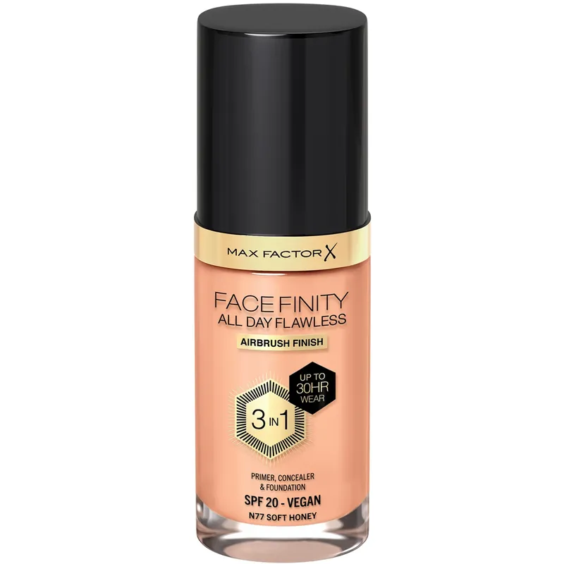 Max FactorAll Day Flawless 3in1 Foundation77 Soft Honey Asiakkaiden Suosikki