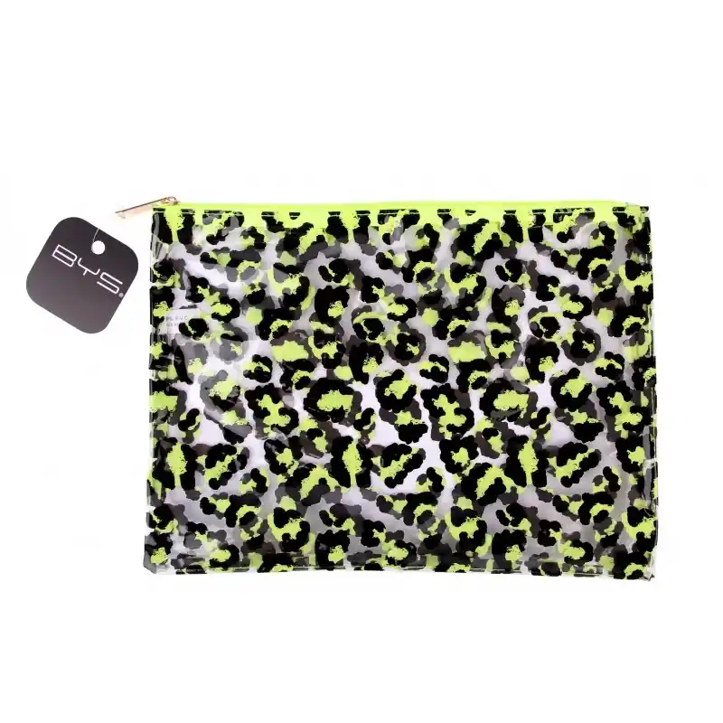 Uusi Malli BYS GONE WILD Meikkilaukku Leopard Print Clear Neon Lime/Black