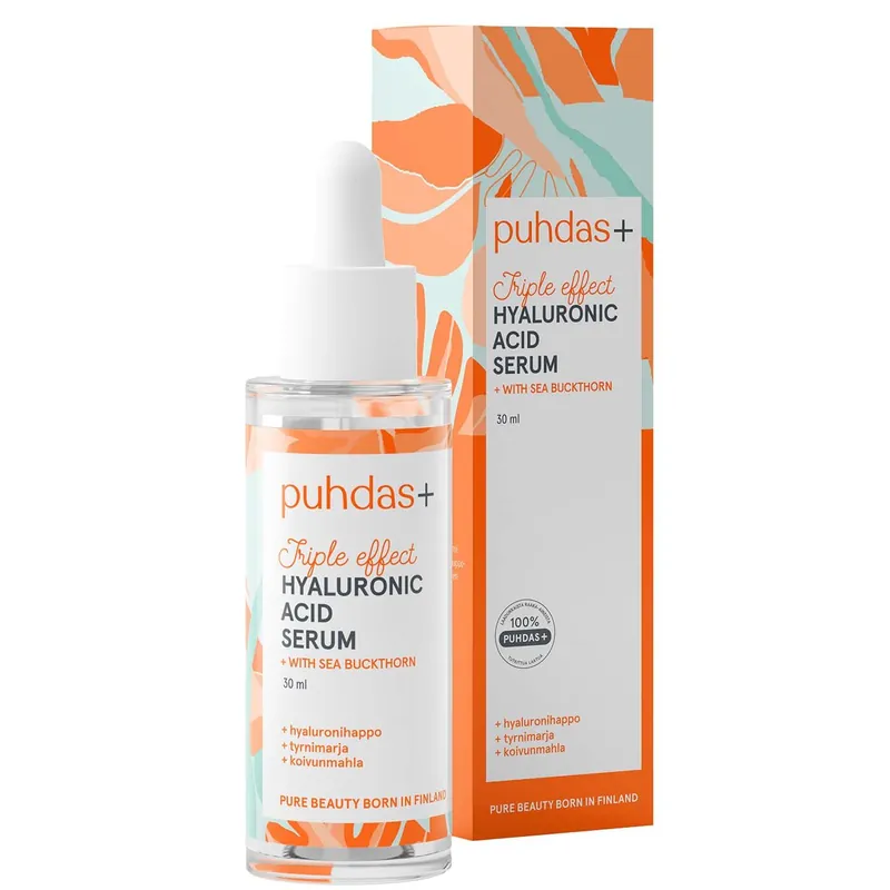 PUHDAS+ TRIPLE EFFECT HYALURONIC ADIC SERUM WITH SEA BUCKTHORN 30 ml Ilmainen Palautus